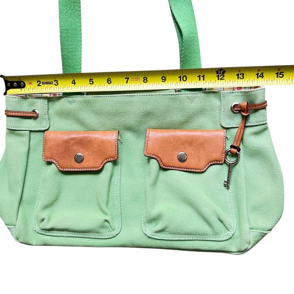 Fossil Mint Green Canvas Tote Bag Brown Leather Accents Key Striped Lining 75082 - Picture 13 of 15